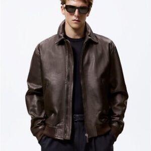Zara Sz M Dark Brown Genuine Cow Leather Bomber Jacket